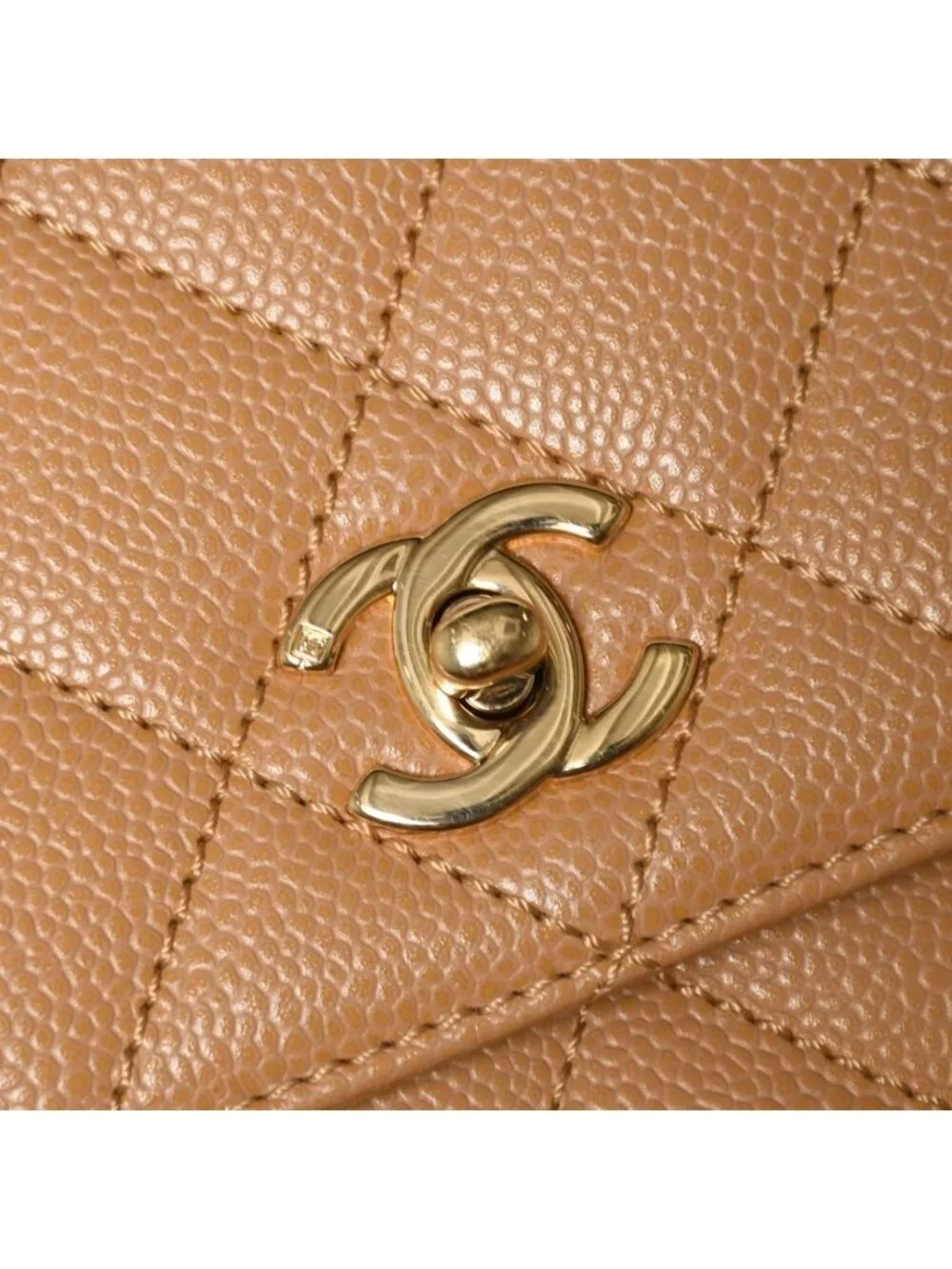 Chanel Top Handle Bag Handbag CC Logo Quilted Caviar Leather Beige Gold